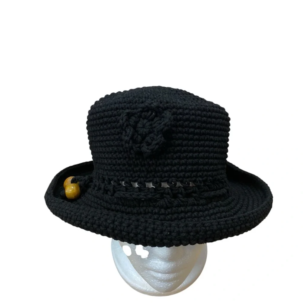 Rico International Women size Small Black Crochet Knit Hat Flower Bead Detail